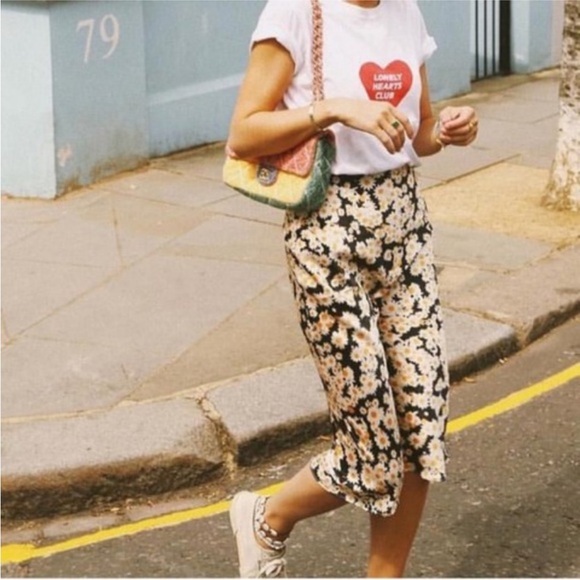 Floral Daisies Midi Skirt Black Cream Yellow Size Medium - Picture 6 of 9